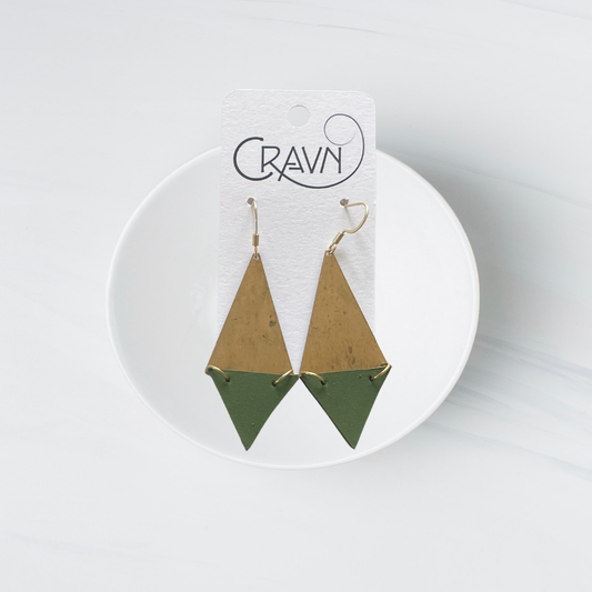 Green Leather & Brass Triangle Earrings