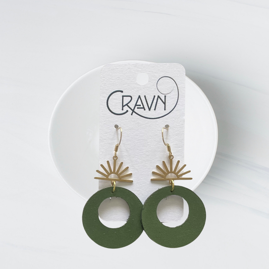 Green Leather & Brass Circle Sunset Earrings