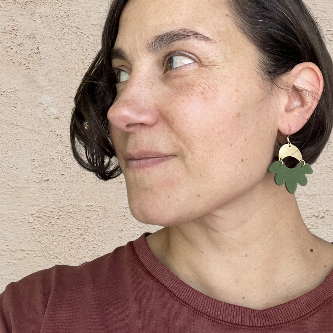 Green Leather & Brass Medium Flower Earrings