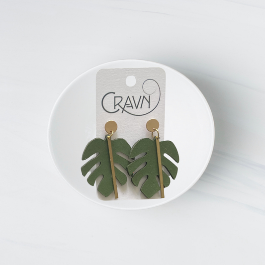 Green Leather & Brass Monstera Earrings
