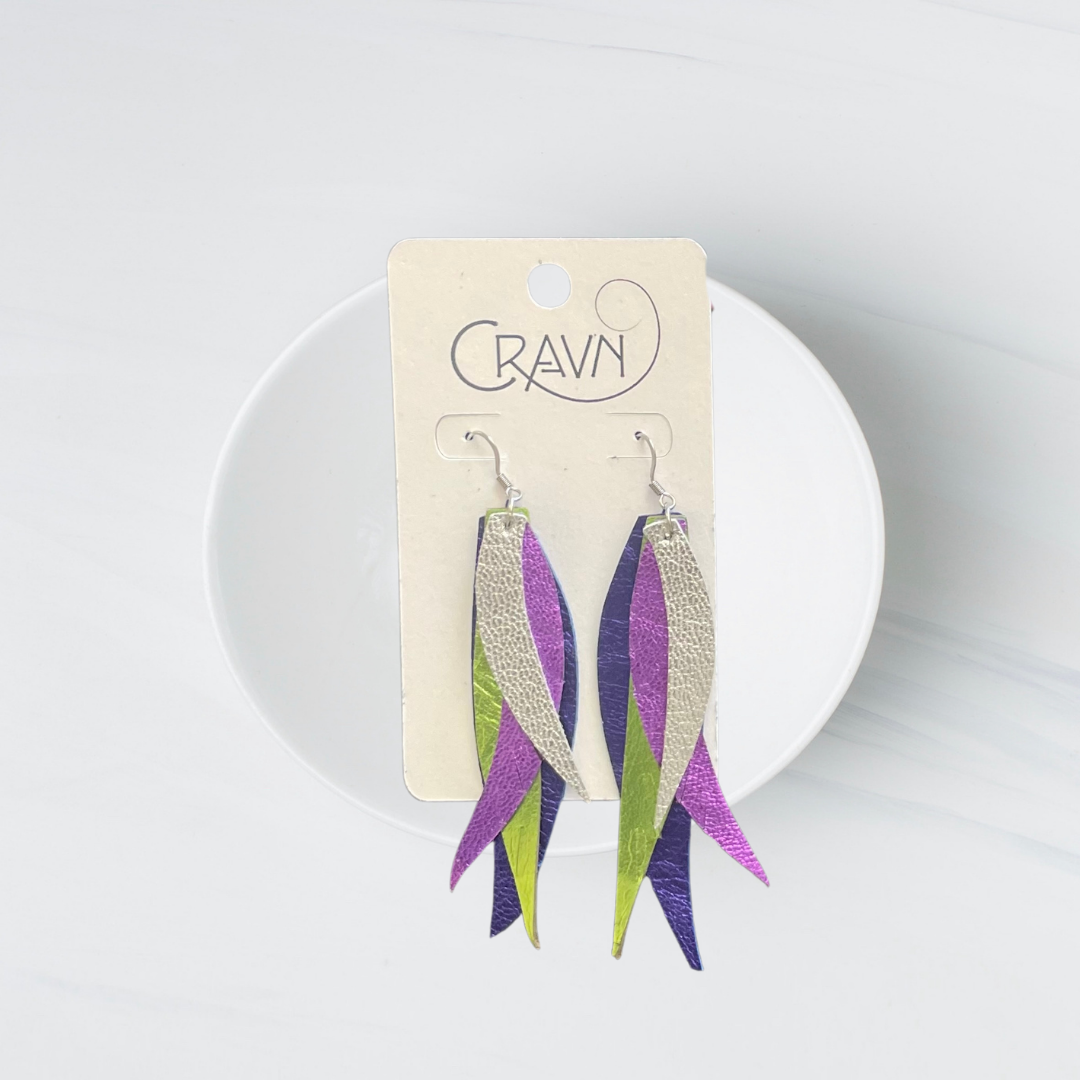 Leather Metallic Layered Feather Earrings