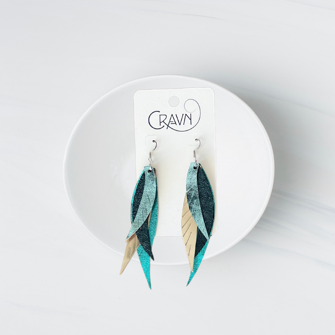 Leather Layered Feather Earrings - Mermaid Vibes