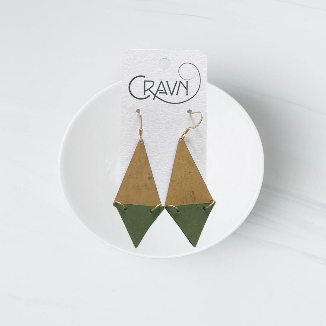 Green Leather & Brass Triangle Earrings