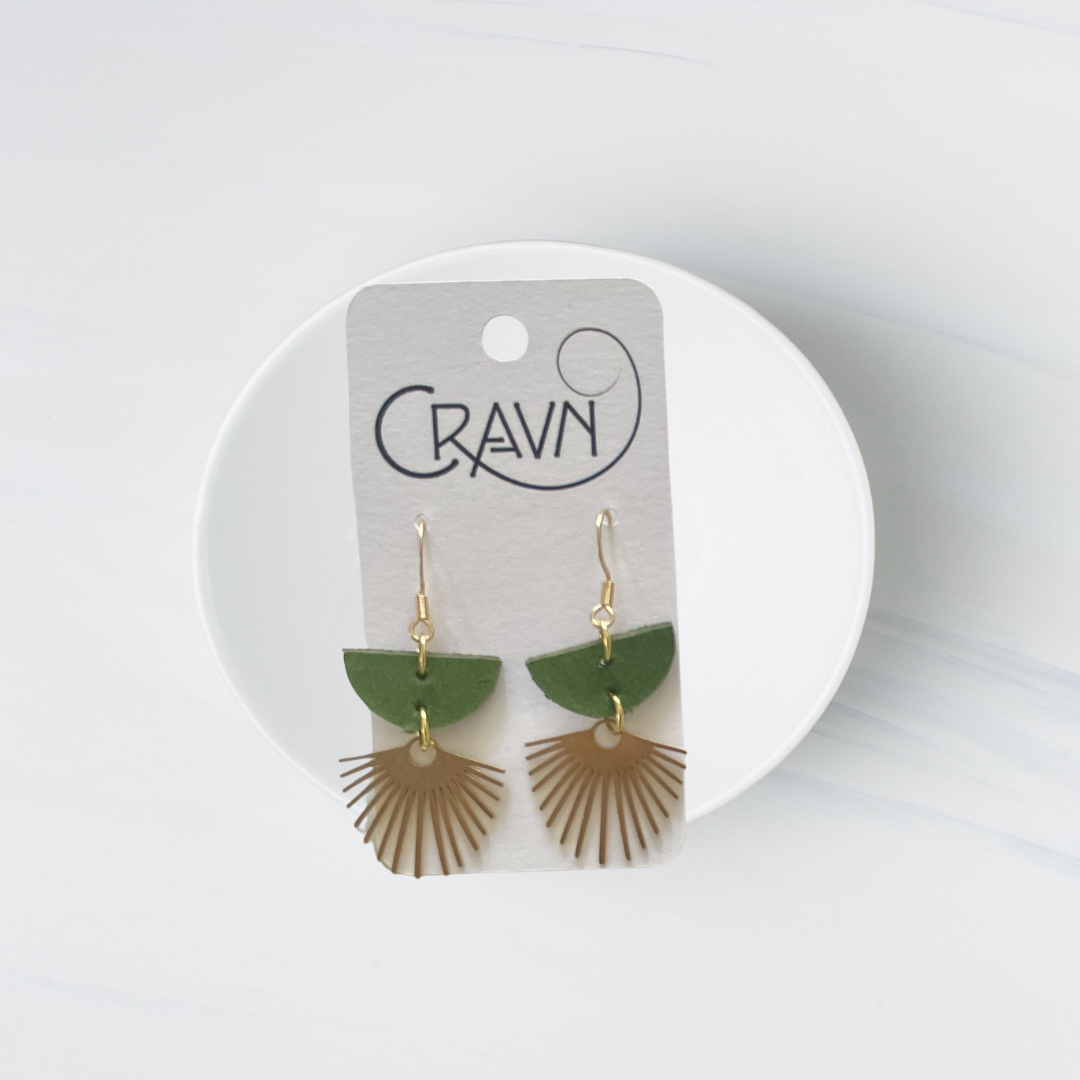 Green Leather Sun Ray Earrings