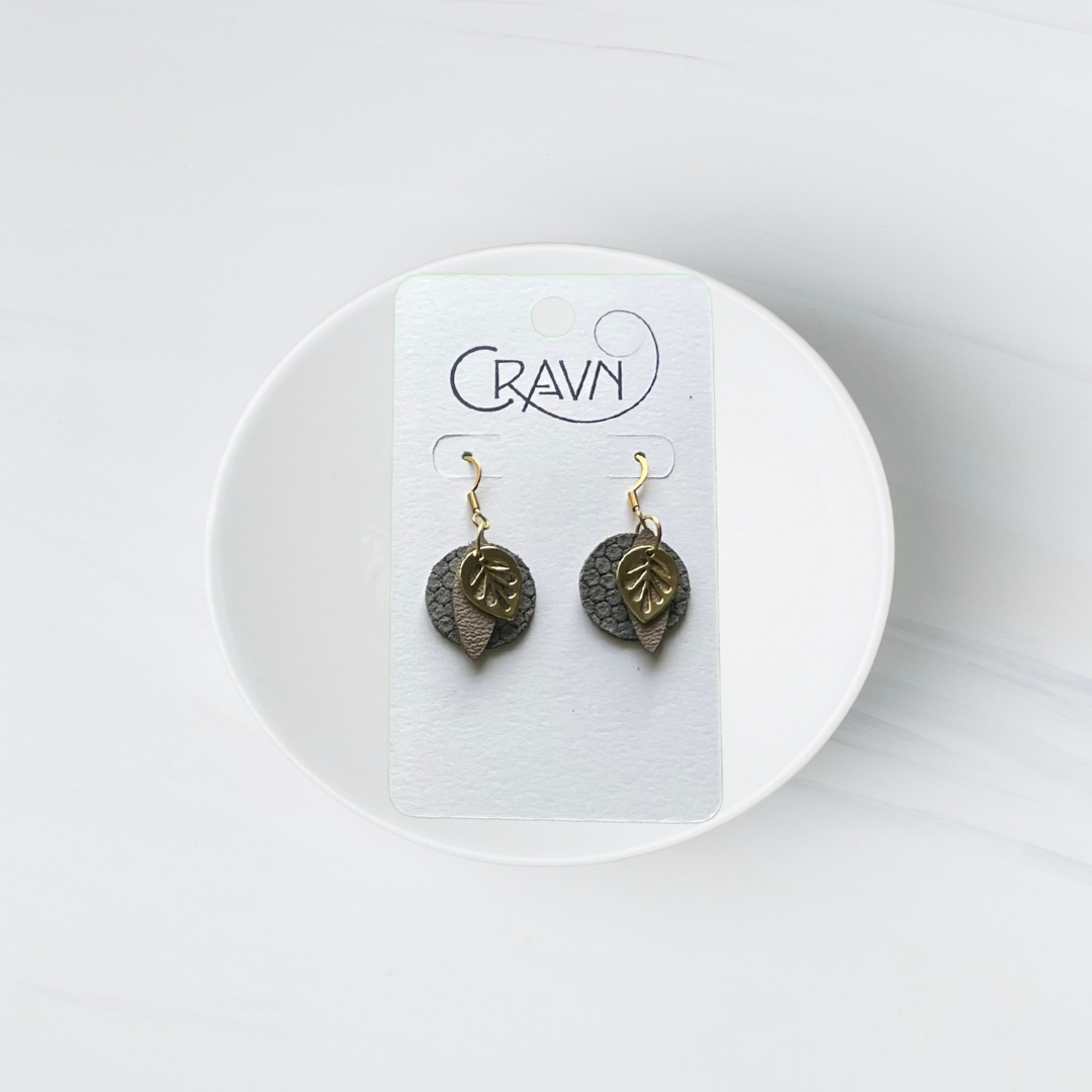 Mini Leather & Brass Circle Earrings