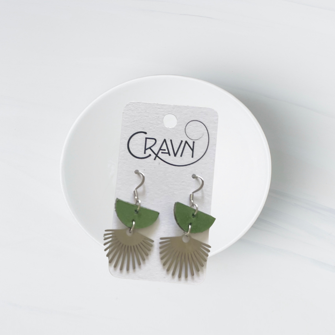 Green Leather Sun Ray Earrings