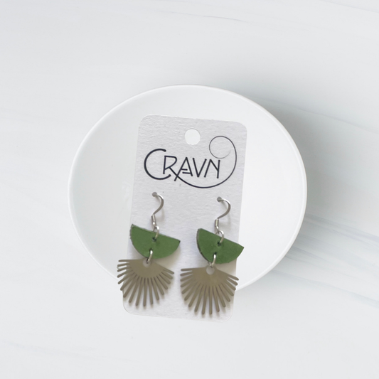Green Leather Sun Ray Earrings