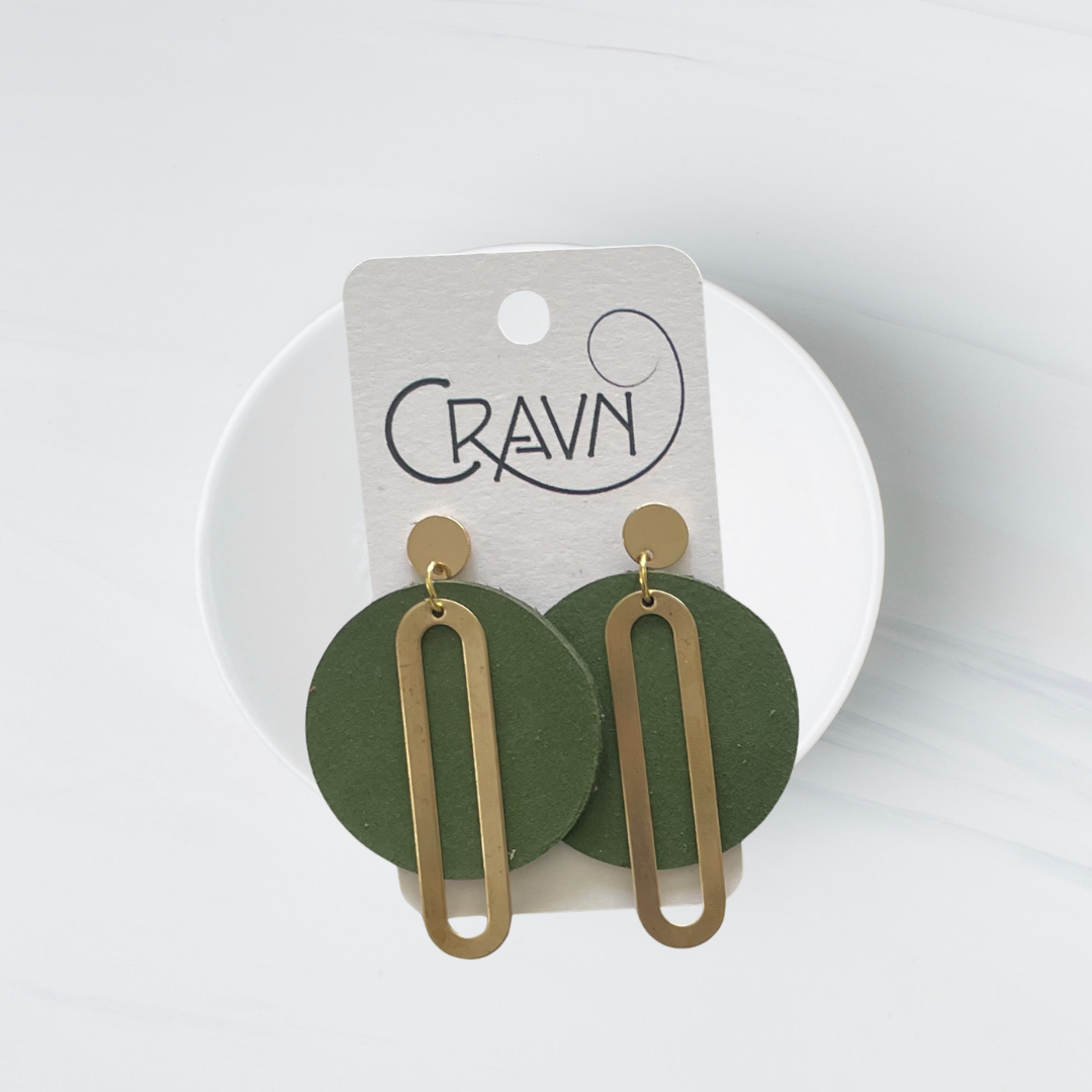 Green Leather & Brass Large Circle Earrings
