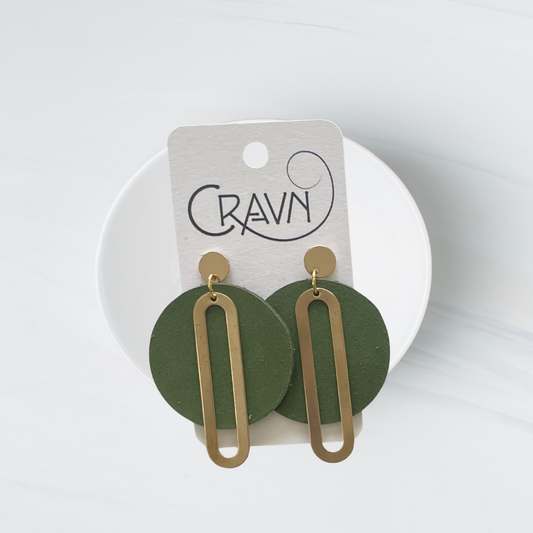 Green Leather & Brass Large Circle Earrings