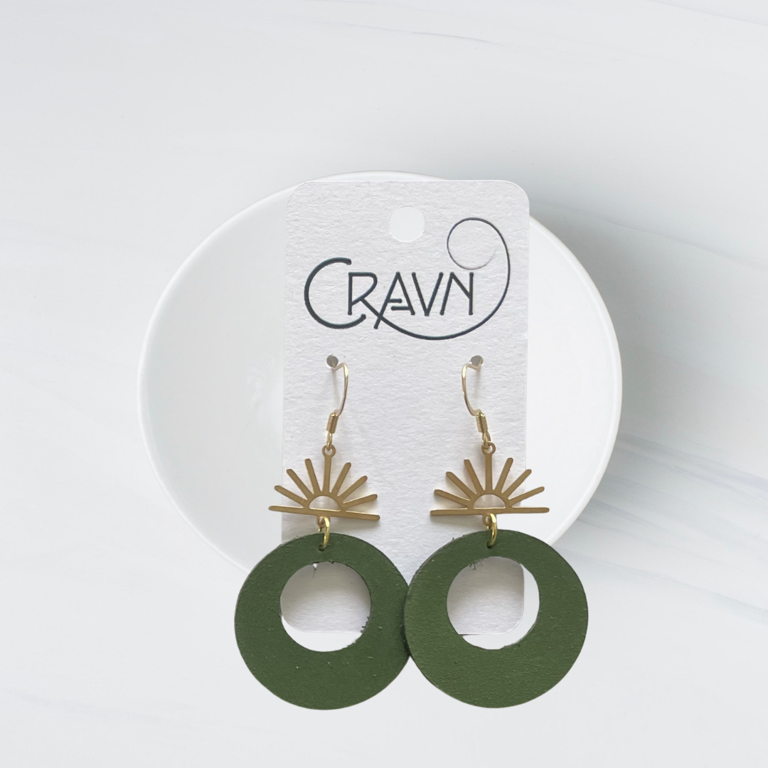 Green Leather & Brass Circle Sunset Earrings