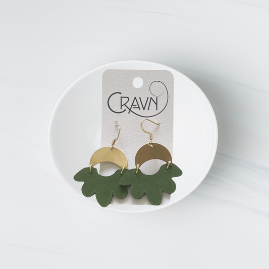 Green Leather & Brass Medium Flower Earrings