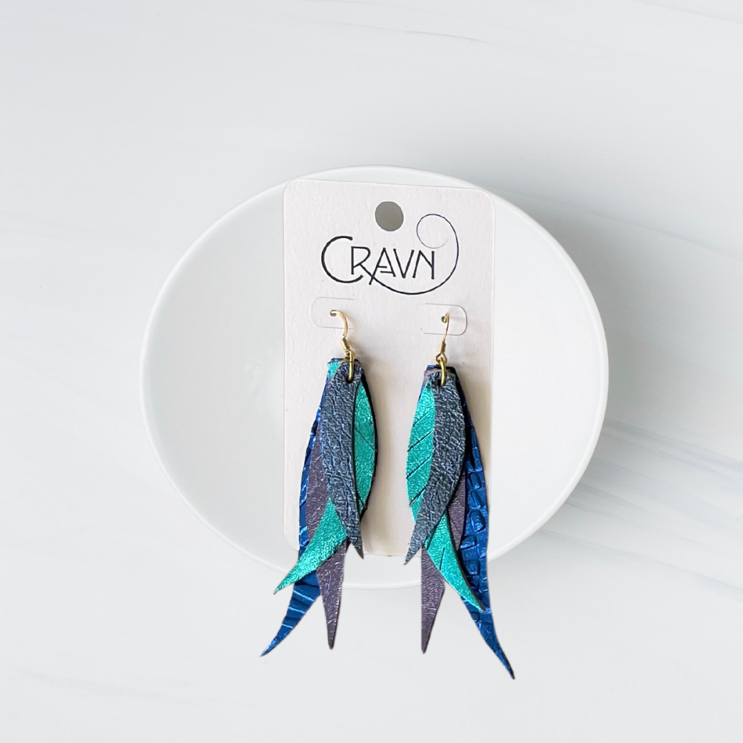 Leather Layered Feather Earrings - Metallic Blue