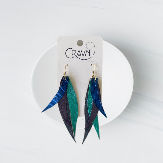 Leather Layered Feather Earrings - Metallic Blue