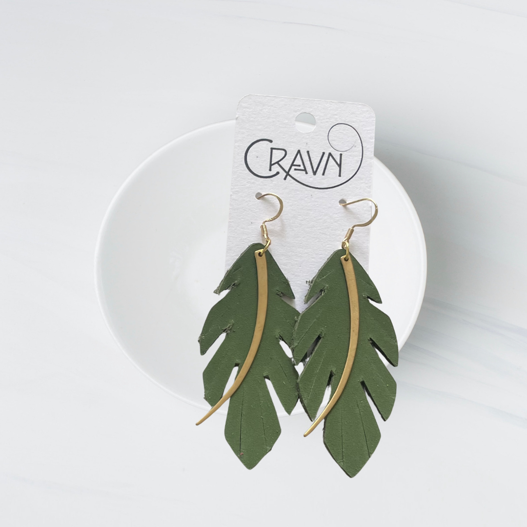 Green Leather Feather & Brass Earrings