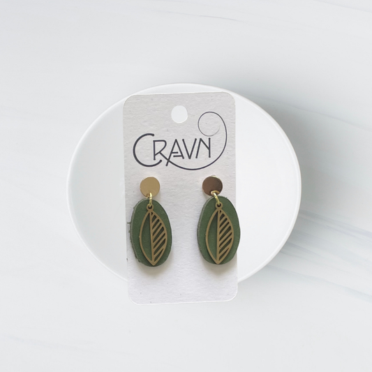 Small Green Leather Oval Earrings
