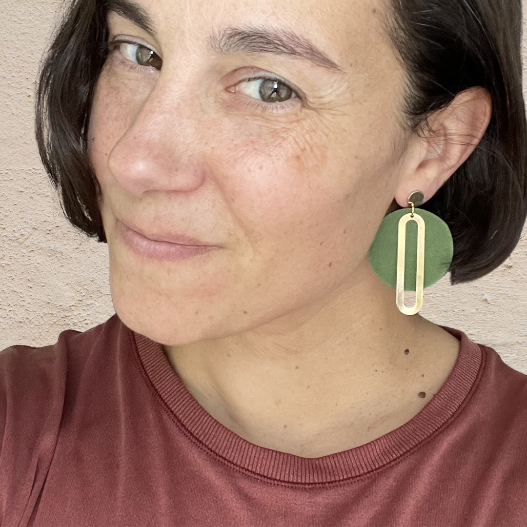 Green Leather & Brass Large Circle Earrings