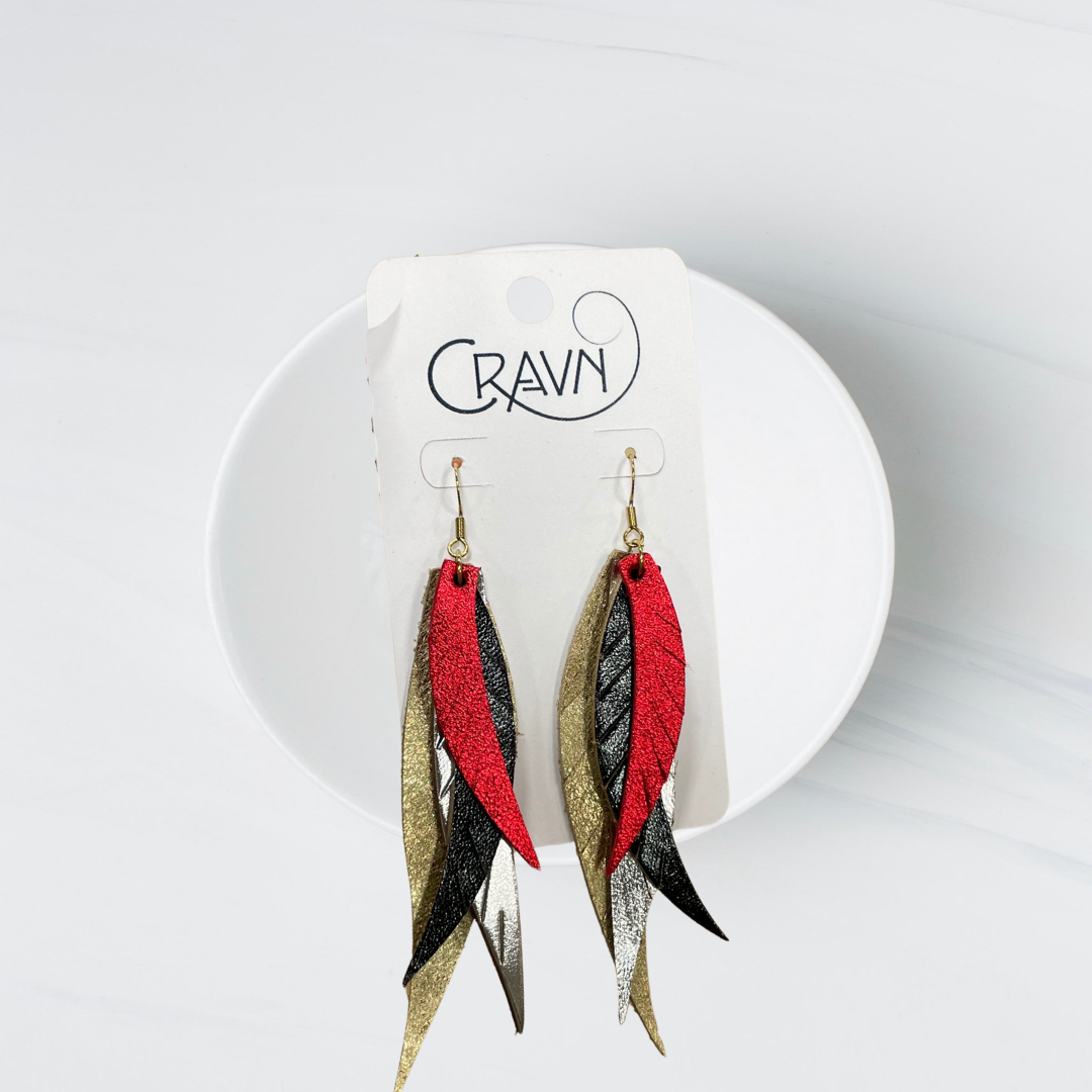Leather Layered Feather Earrings - Metallic Pink & Red