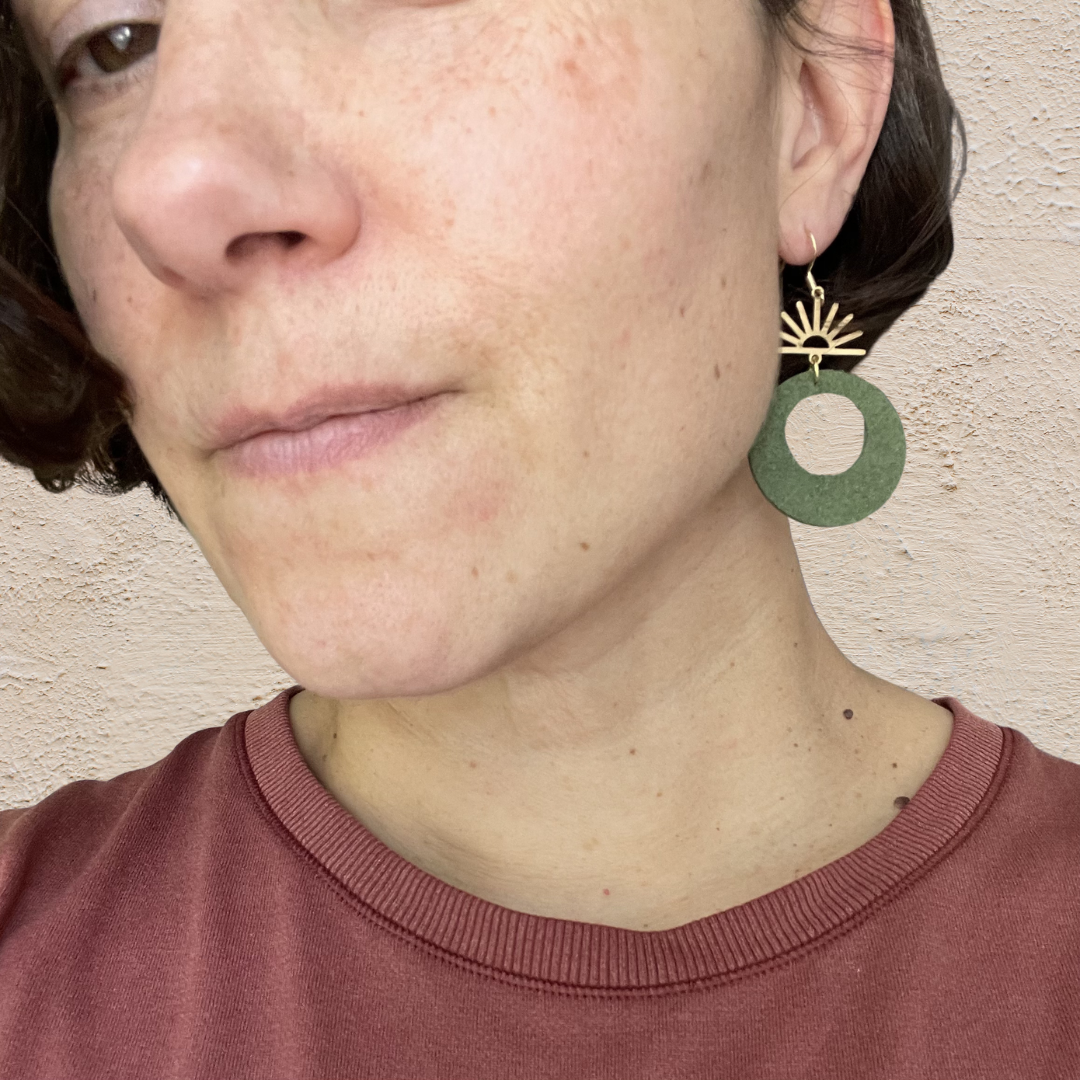 Green Leather & Brass Circle Sunset Earrings