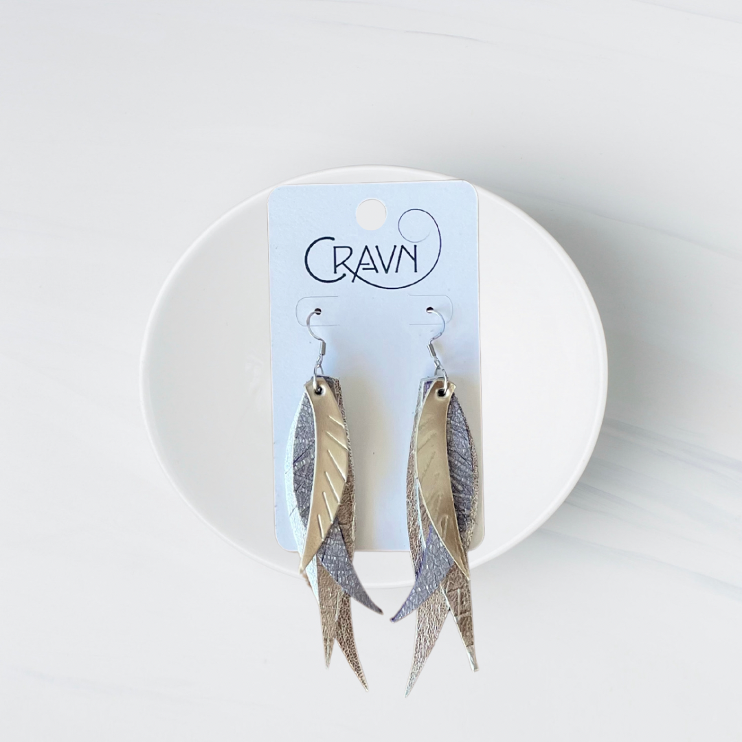 Leather Layered Feather Earrings - Shimmering Silver
