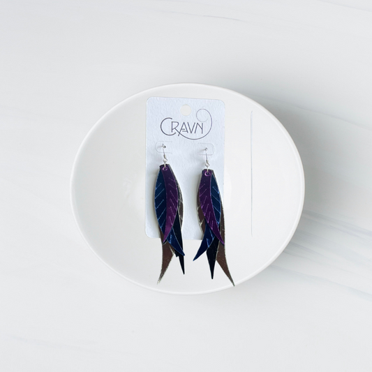 Leather Metallic Layered Feather Earrings