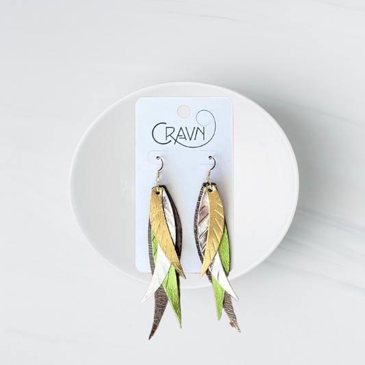 Leather Layered Feather Earrings - Lime Green Era