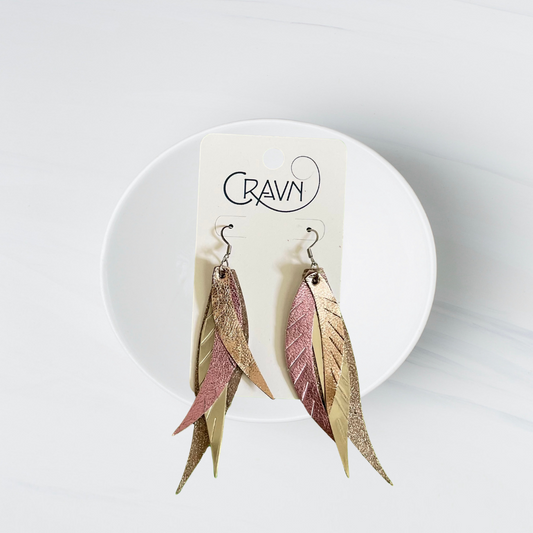 Leather Layered Feather Earrings - Pretty in Pink