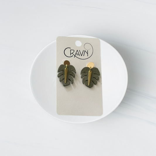 Leather & Brass Small Monstera Earrings