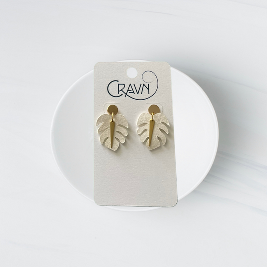 Leather & Brass Small Monstera Earrings