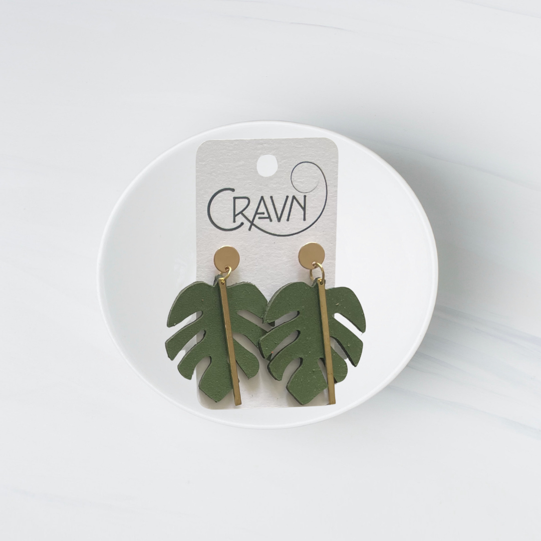 Green Leather & Brass Monstera Earrings
