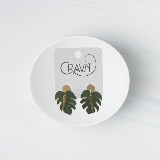 Green Leather & Brass Small Monstera Earrings
