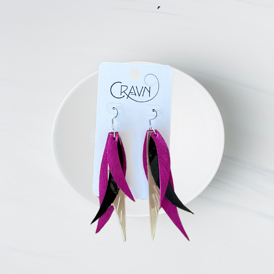 Leather Layered Feather Earrings -  Hello Barbie