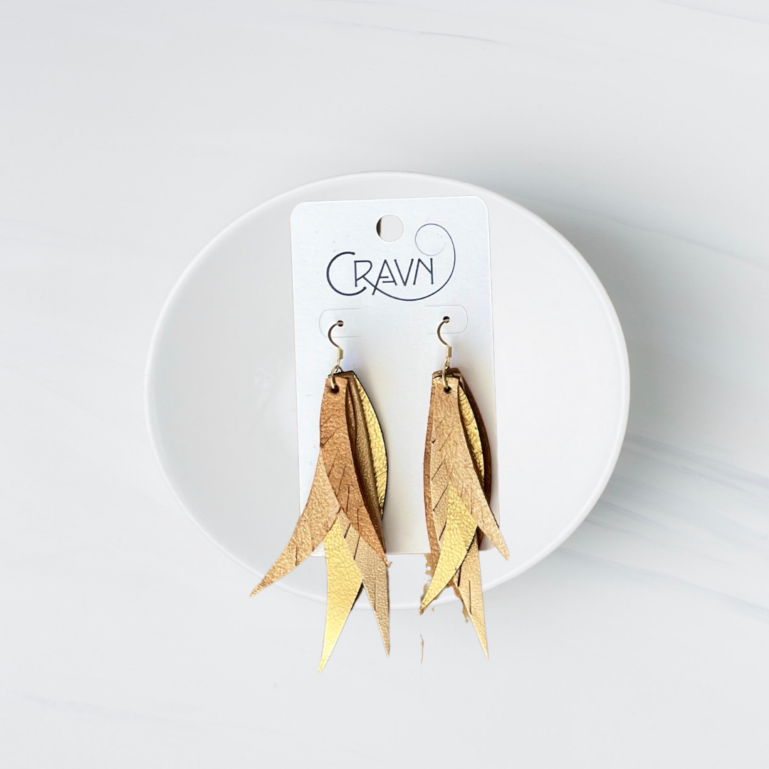 Leather Layered Feather Earrings - Gold Rush