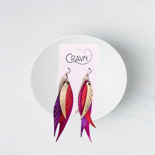 Leather Layered Feather Earrings - Valentine Bright