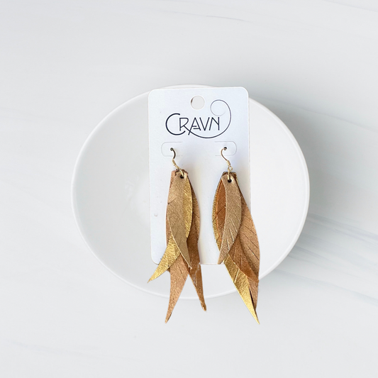Leather Layered Feather Earrings - Gold Rush