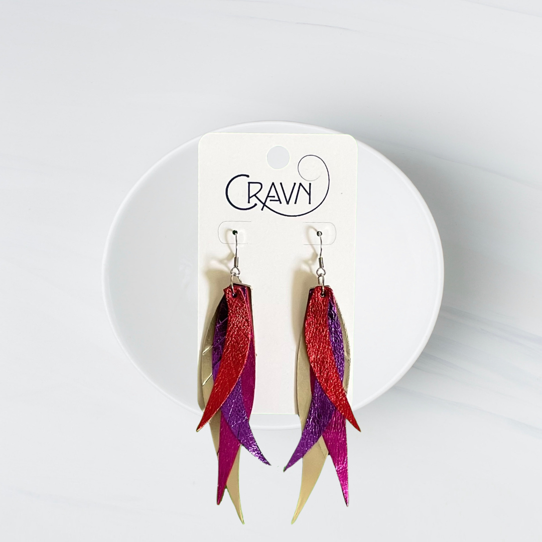 Leather Layered Feather Earrings - Valentine Bright