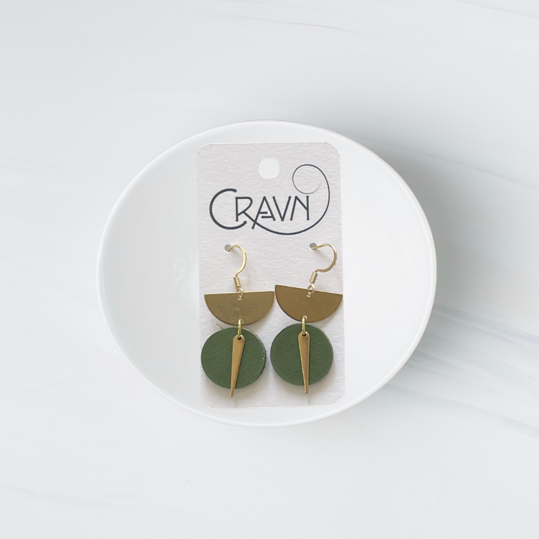 Green Leather & Brass Sundial Earrings