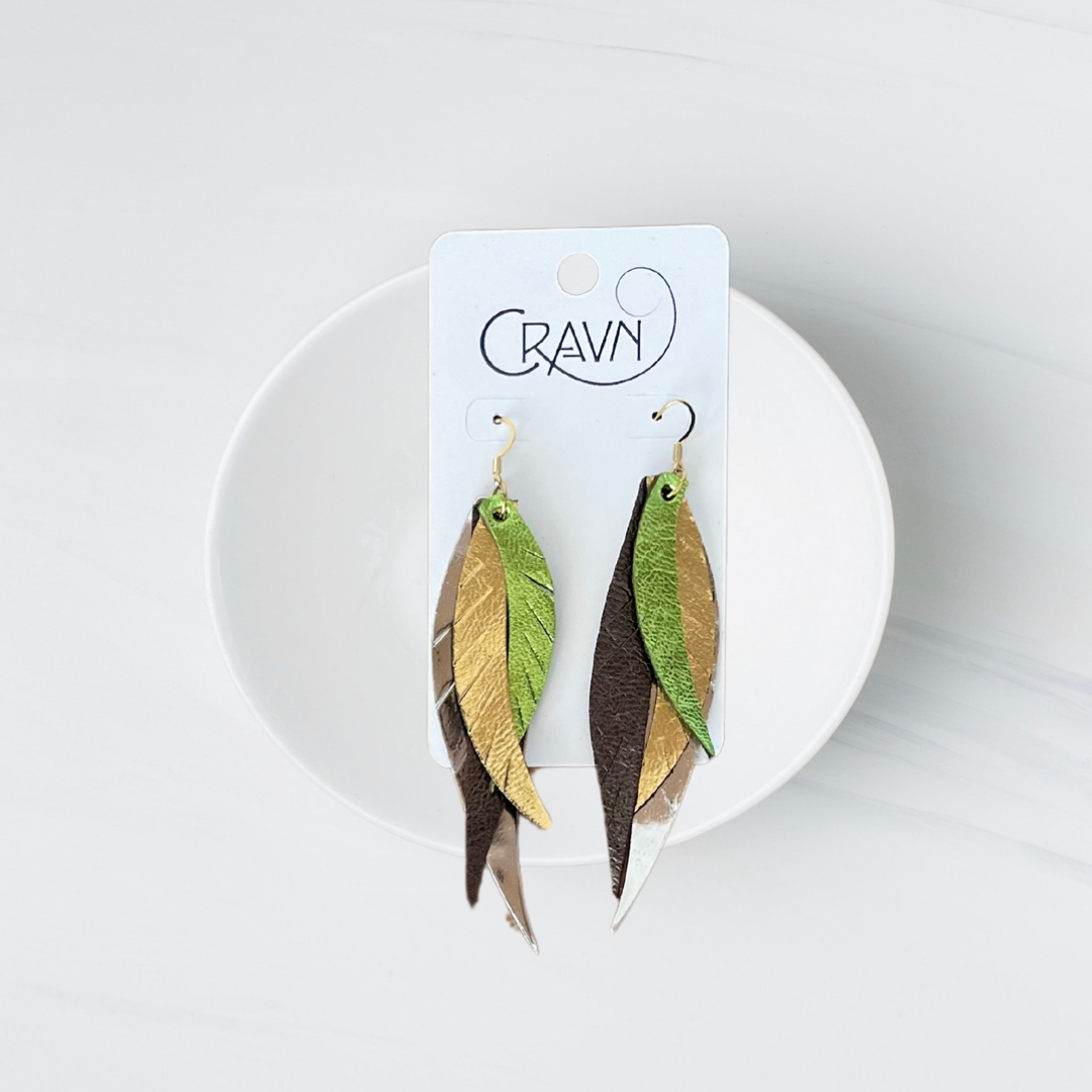 Leather Layered Feather Earrings - Lime Green Era