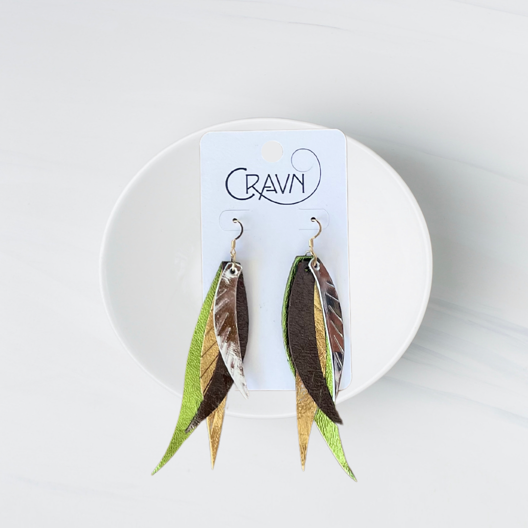 Leather Layered Feather Earrings - Lime Green Era