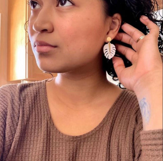 Green Leather & Brass Small Monstera Earrings