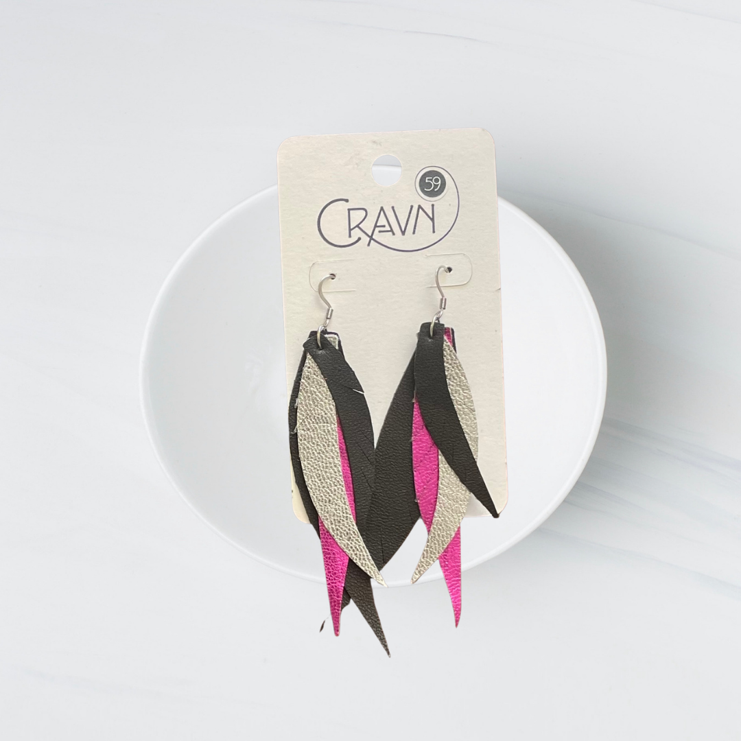 Leather Metallic Layered Feather Earrings