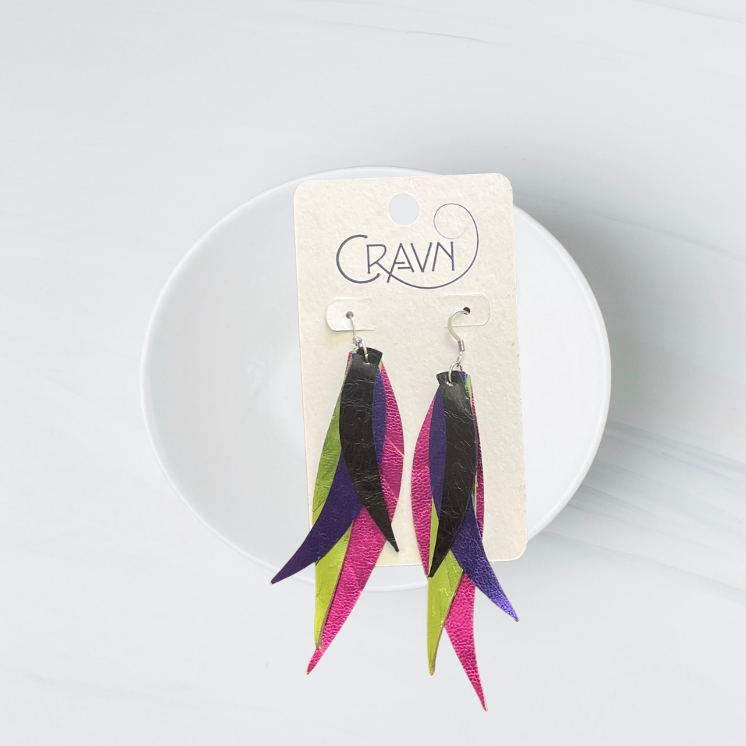 Leather Metallic Layered Feather Earrings