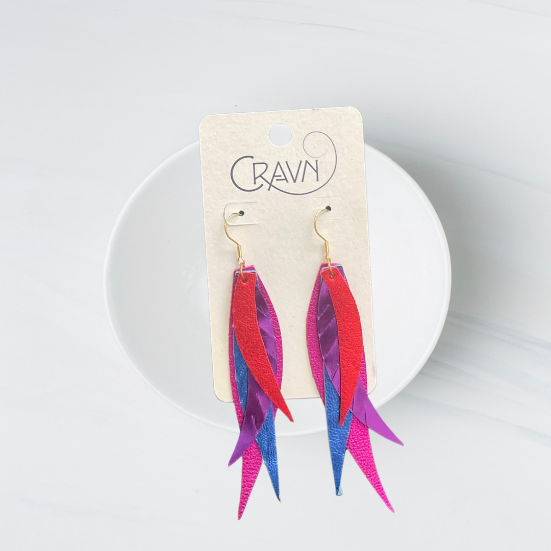 Leather Metallic Layered Feather Earrings