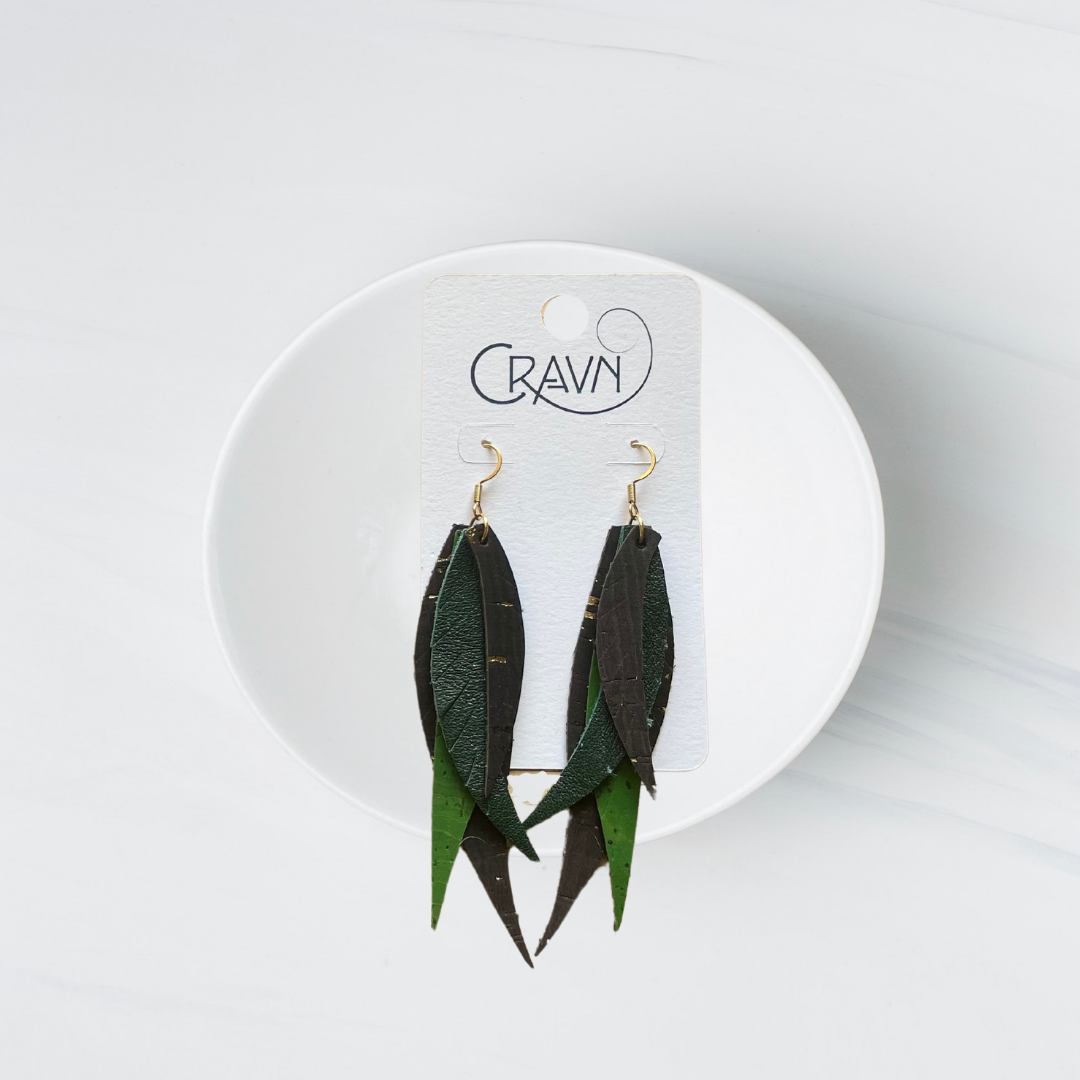 Leather Layered Feather Earrings - Winter Greens
