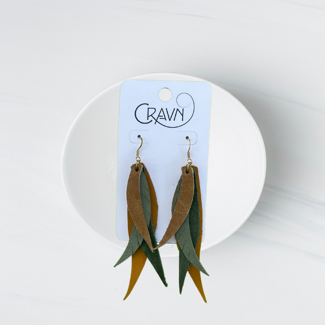 Leather Layered Feather Earrings - Fall