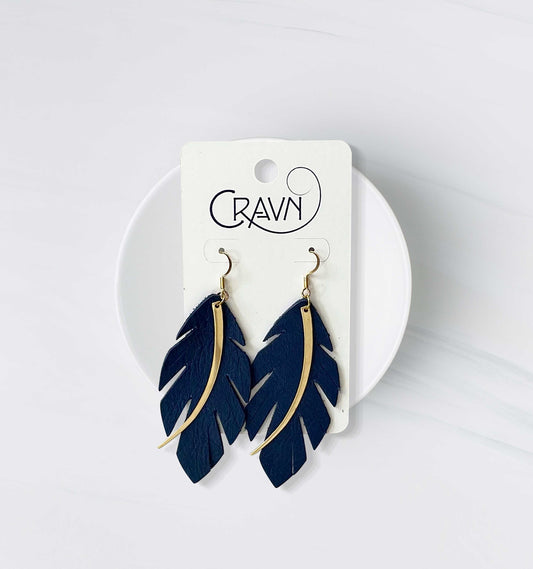 Blue Feather Upcycled Leather Earrings